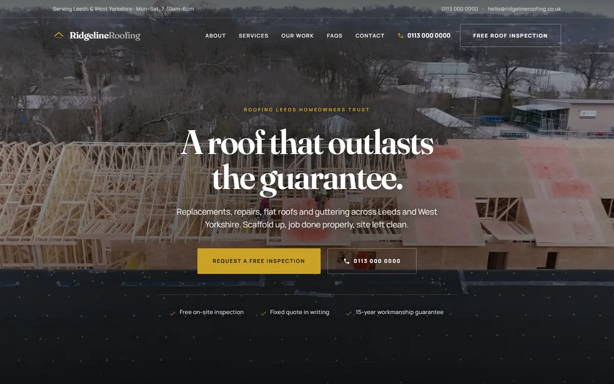 Ridgeline Roofing homepage: drone footage of a roof being framed behind the headline 'A roof that outlasts the guarantee.'